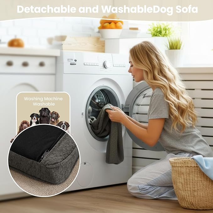 Elevated XL Large Dog Sofa with Backrest and Armrests, 55" Button Tufted Dog Couch Bed with Soft Cushion for Large Dogs, Stylish Lounging Bed Pet Couch Chair, 120Lbs Weight Capacity, Dark Gray
