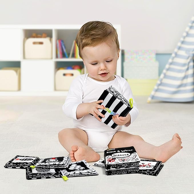 Dr.Rapeti Soft Cloth Books Baby Books Bath Books 6-Pack for Baby Infant Toddler Kids High Contrast Black and White Crinkle Washable Chewable Non-Toxic Early Educational Giftable