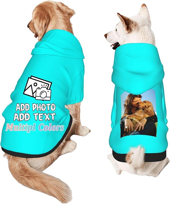 Custom Dog Hoodie Add Your Design Soft & Warm Personalized Photo Text Logo Name Dog Clothes for Puppy Sweatshirt Hooded for Small Medium Large Dogs Girl/Boy Cats Cyan