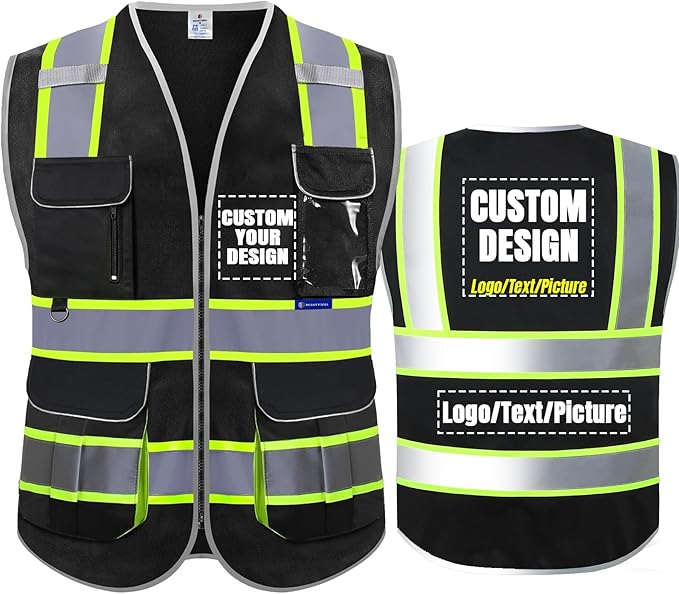 BeautyWill ANSI Certified Custom Logo Safety Vest 8-Pockets Class2 High Visibility Reflective Vest for Men - Personalized Logo Heavy-Duty Work Vest（Black，3XL）