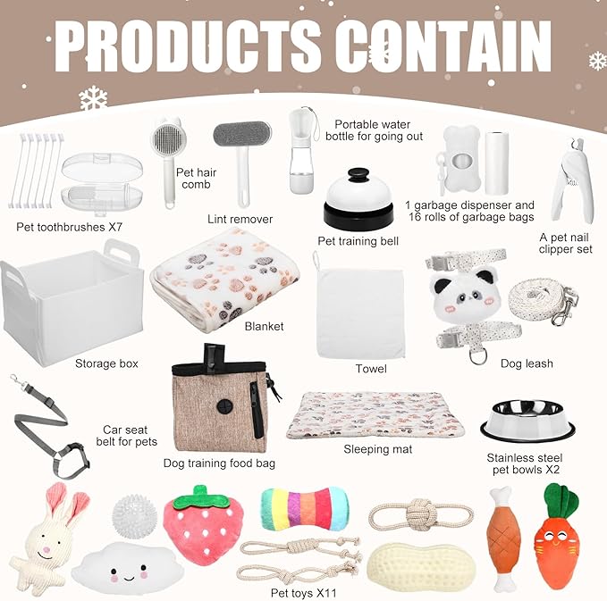 Abbylike 50 Pcs Puppy Supplies Starter Kit for Small Dogs Puppy Essentials Includes Leash, Bowls, Teeth Brushes, Water Bottle, and More Accessories for Dogs Christmas Welcome Gift (White)