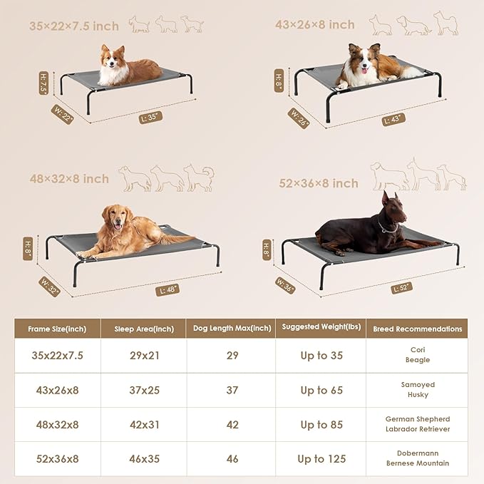 EHEYCIGA Elevated XL Dog Cot Bed, Raised Outdoor Dog Hammock for Extra Large XLarge Dogs, Lifted Pet Platform with Frame and Washable Waterproof Cooling Teslin Mesh and Anti-Slip Feet, 48x32 inch