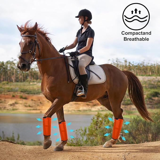 FOXLVDA Horse Fly Boots - Fly Boots for Horses Set of 4, Comfortable Horse Leggings, Mesh Material Design with Metal Support Bars for Reduces Stomping & Leg Fatigue (Orange, Large)