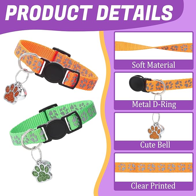 10Pcs Breakaway Cat Collars with Bell Paw Print Cute Adjustable Kitten Collars with Pendant Glow in The Dark