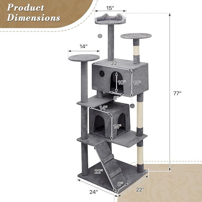 Athena Collection Cat Tree, 77 Inch Cat Tower for Indoor Cats, Multi-Level Cat Tree Tower Activity Center with 2 Cat Condo & Cat Scratching Post & Dangling Ball, Tall Cat Tree, Smoky Gray