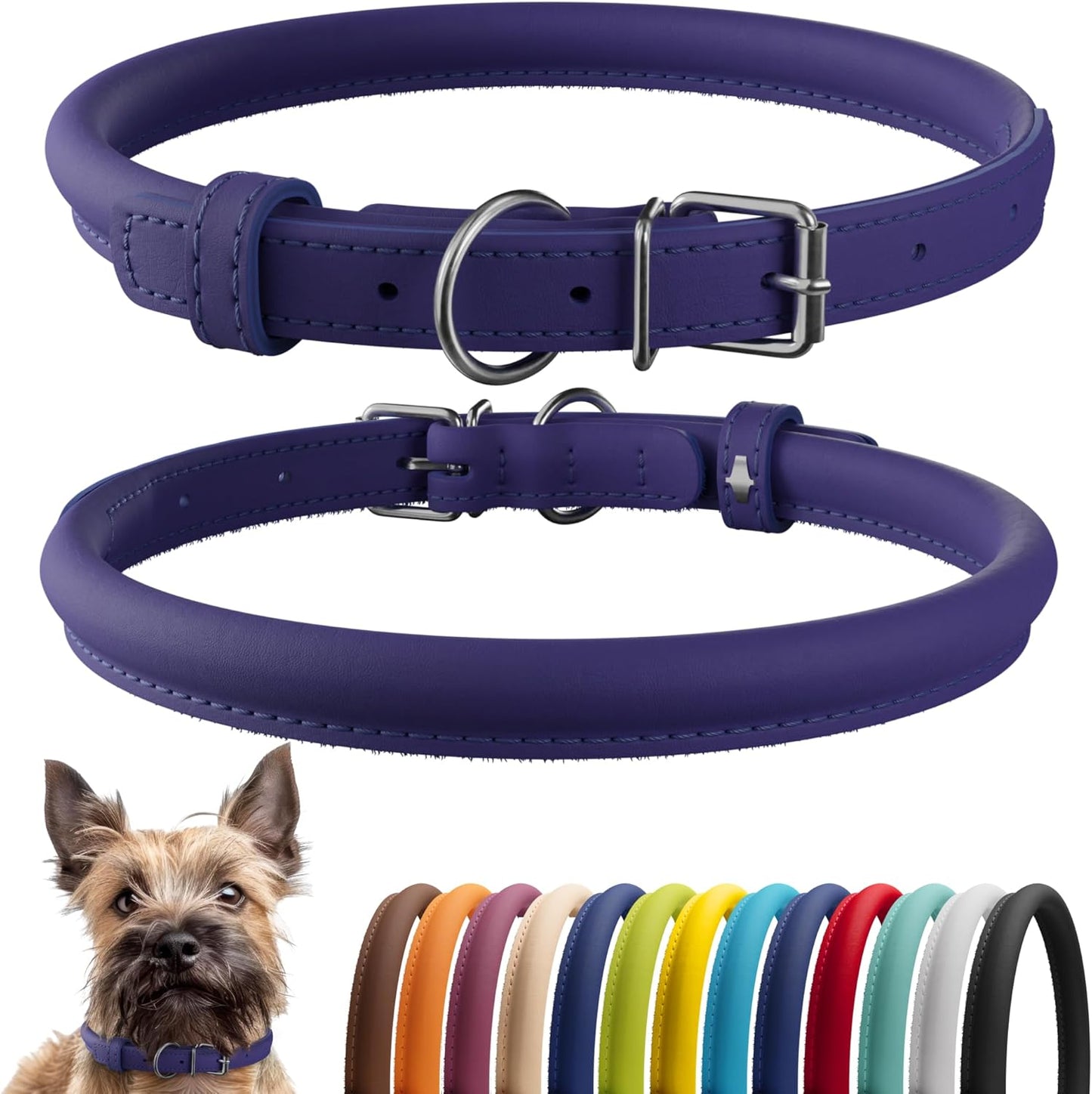 CollarDirect Rolled Leather Dog Collar, Soft Padded Round Puppy Collar, Handmade Genuine Leather Collar Dog Small Large Cat Collars 13 Colors (6-7 Inch, Purple Smooth)