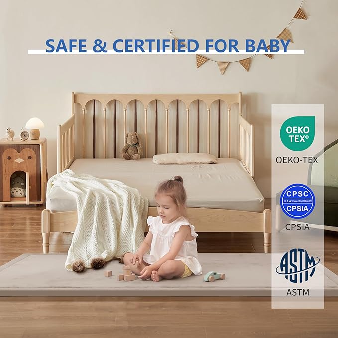 Play Mat for Babies Toddlers,1.3" Thick Elasti-Foam Anti-Fall Cushion Mat for Kids Room,28×72 Bedroom Bedside Rugs,Water-Repellent Soft Coral Velvet,Non-Slip(Beige)
