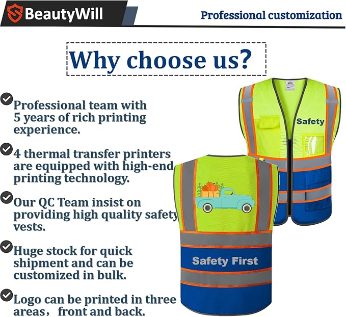 BeautyWill Custom Safety Vest Customized Logo Mesh Vest Class2 High Visibility Reflective Vest with Pockets Blue workwear（Yellow Blue，XL ）