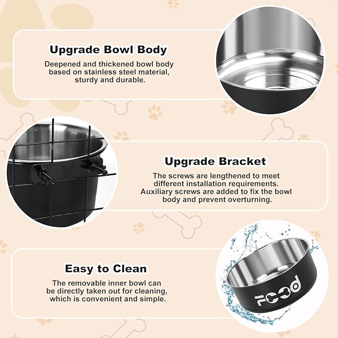 Crate Water Bowl No Spill for Large Dogs, Removable Stainless Steel Dog Bowls for Food and Water, Dog Kennel Hanging Wet and Dry Food Feeder for Medium/Large Pets, (7.1"x3.7" & 7.1"*2.6", Black)