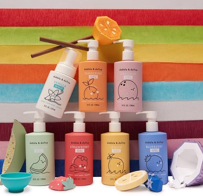 Dabble & Dollop Rainbow of Bubbles – Natural 4-in-1 Bath Set for Kids, Includes Bubble Bath, Body Wash, Shampoo, USA Made, No Parabens/Sulfates, Vegan, Gluten-Free, Tear-Free (7-Pack)