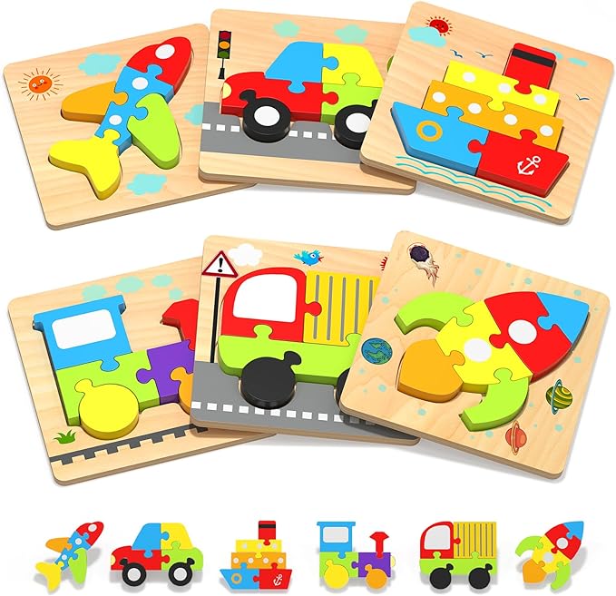 Yetonamr Wooden Toddler Puzzles Gifts Toys for 1 2 3 Years Old Boys Girls, 6 Vehicle Shape Montessori Toys Educational Blocks Kids Gift Baby Learning Toy Age 1-3, 2-4