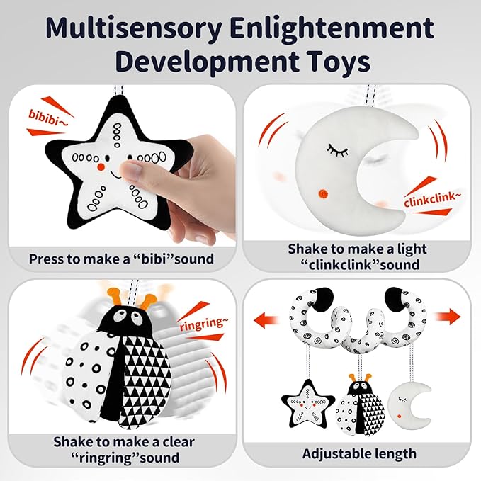 Car Seat Toys for Babies 0-6 Months,Hanging Rattle Toys for Crib Mobile, Baby Spiral Hanging Stroller Black and White High Contrast Toys for Newborn 0 3 6 9 12 Months Baby Boys Girls (Bug)