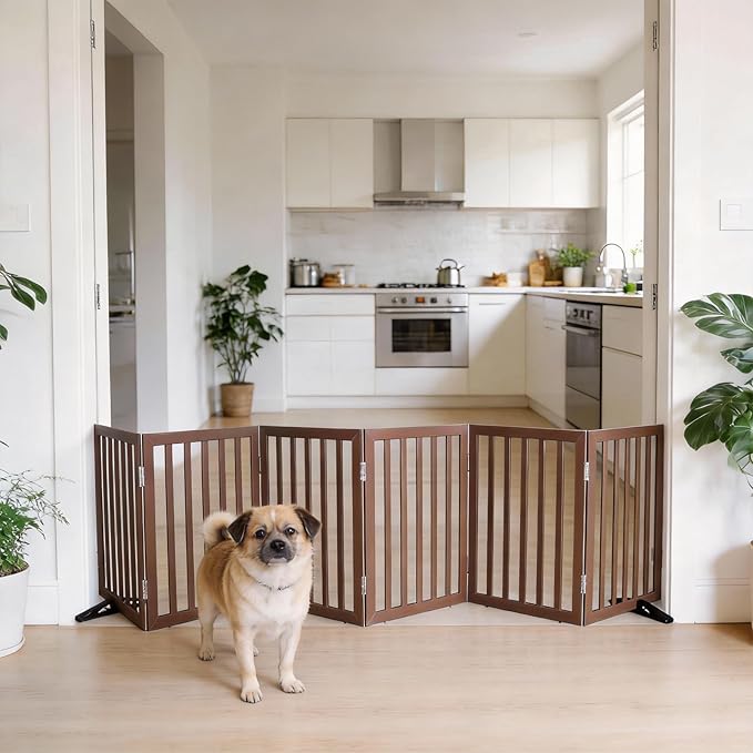 Dog Gate Indoor, Freestanding Dog Fence for The House, Doorways, Hallways,or Stairs,Pet Gate Foldable Wooden,Expandable 24" Height 6 Panels,Brown