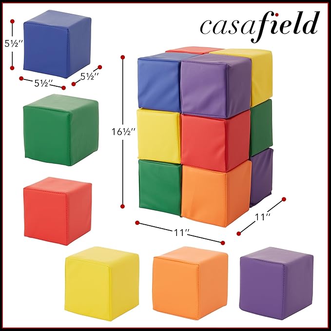 Casafield Toddler Foam Building Blocks (12-Piece Set), 5.5" x 5.5" Soft Play Colorful Kids Stacking Cubes for Daycare, Nursery, Preschool
