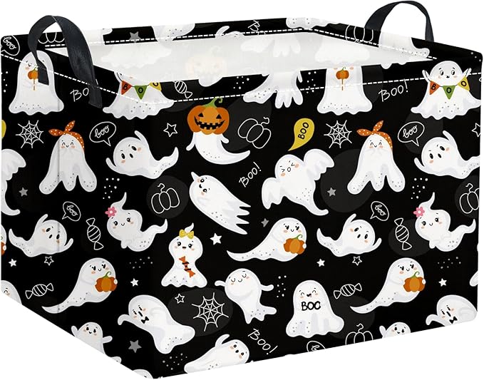 HIYAGON Rectangular Halloween Basket for Boys and Girls Kids Trick or Treat Pumpkin Basket for Halloween Parties Cute Storage Bin Organizer Box Room Decor(Black ghost)