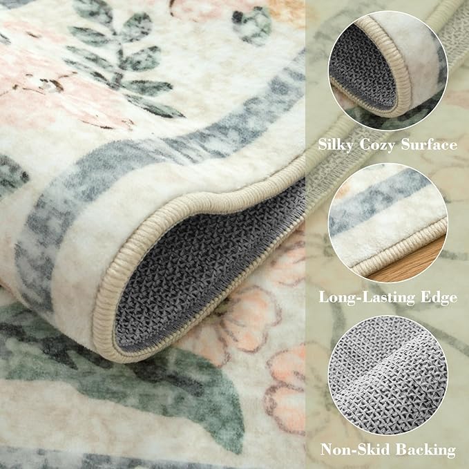 Wonnitar Large Living Room Rug, Floral 10 x 14 Machine Washable Area Rugs, Soft Boho Ultra-Thin Non-Shedding Indoor Aesthetic Carpet for Bedroom Dining Room Office