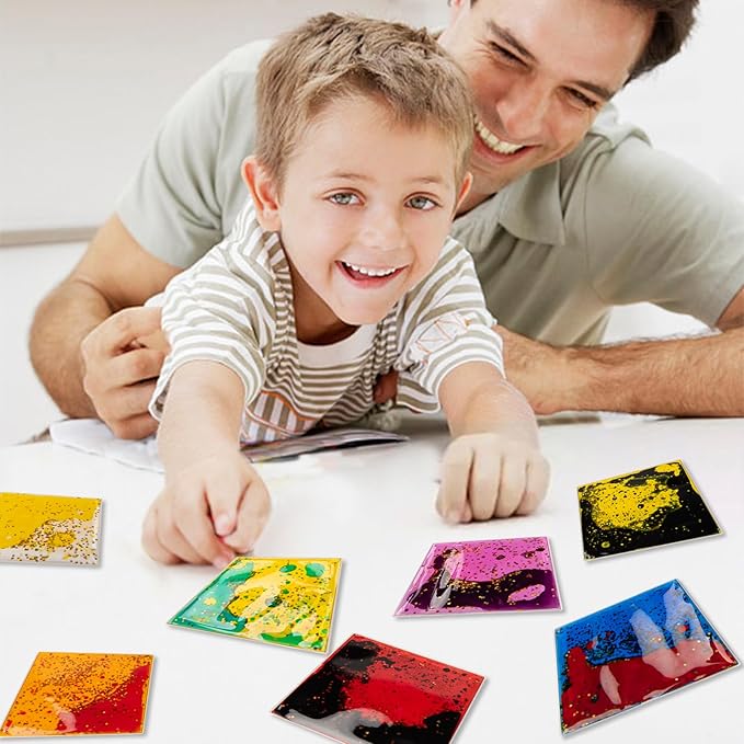 Art3d 6”x6” Square Sensory Fidget Liquid Motion Tiles for Kids, Toddler, Teens - Interactive Soft Gel Liquid Play Mats for Home, Schools, Playrooms, Multi-Pack of 12 Tiles