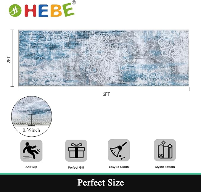 HEBE Hallway Runner Rug 2'x6' Washable Vintage Distressed Area Rugs Non Slip