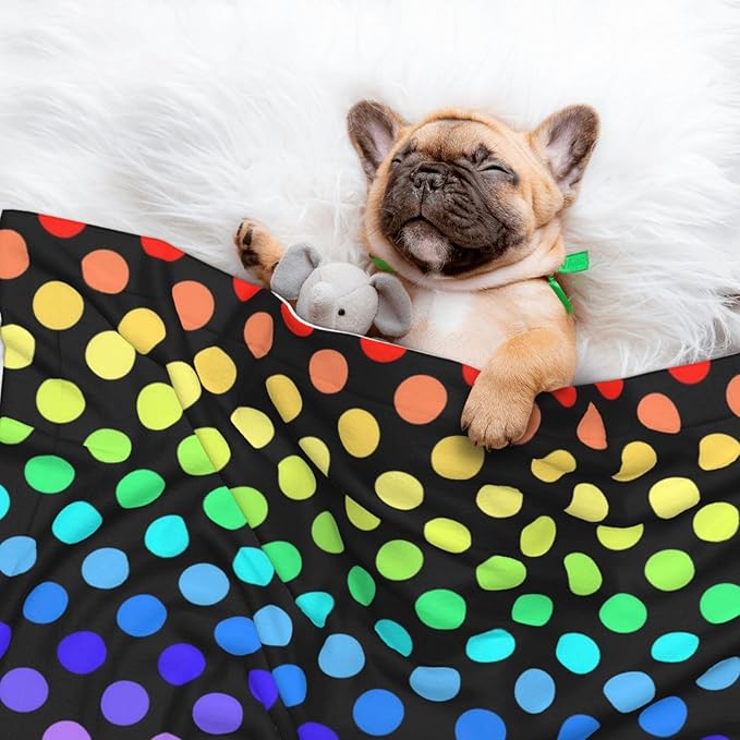 Pet Blanket for Indoor Outdoor Use, Colorful Rainbow Polka Dots, Two Sided Reversible Plush Mat with Bumpy Dot Texture for Patios Crates Portable Bed Companion