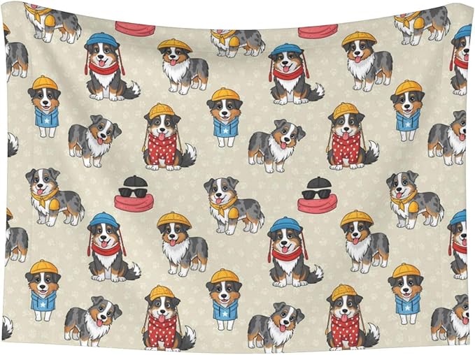 Pet Blanket for Travel and Home, Cute Australian Shepherd Dog and Puppy, Reversible Plush Dot Design with Soft Grip Texture on One Side Perfect for Car Seats Moving Vehicles