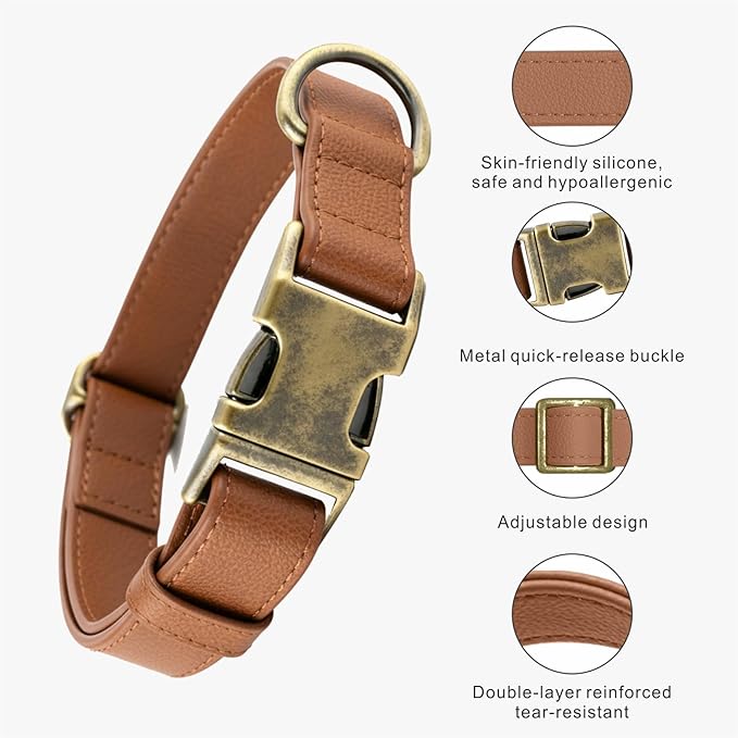 Dog Collar and Leash Set,Leather Silicone Waterproof Odor-Proof Dog Collar and Leash for Small Dogs, Soft Flexible Dog Collars, Durable Thick Adjustable Pet Collar (Brown, Small (9-14" Neck))