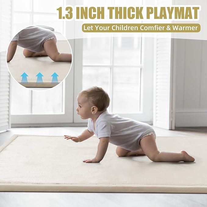 MABOZOO Extra Thick 1.3 Inch Baby Play Mat, 74 * 50 Inch Baby Floor Mat Memory Foam Playpen Pad for Babies, Toddlers, Infants, Playmat Crawling Cushion Activity Playmat for Indoor & Outdoor