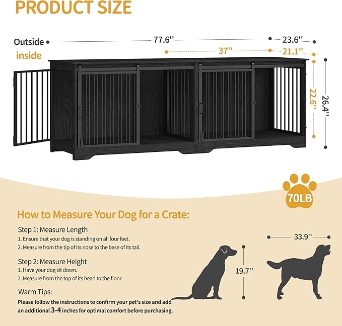 78" Dog Crate Furniture for 2 Dogs, Double Dog Cage with Divider, Wooden Heavy Duty Dogs Kennel, Pet Cage with Barn Door, TV Stand for Large Small Medium Pet, Black DFC83704B