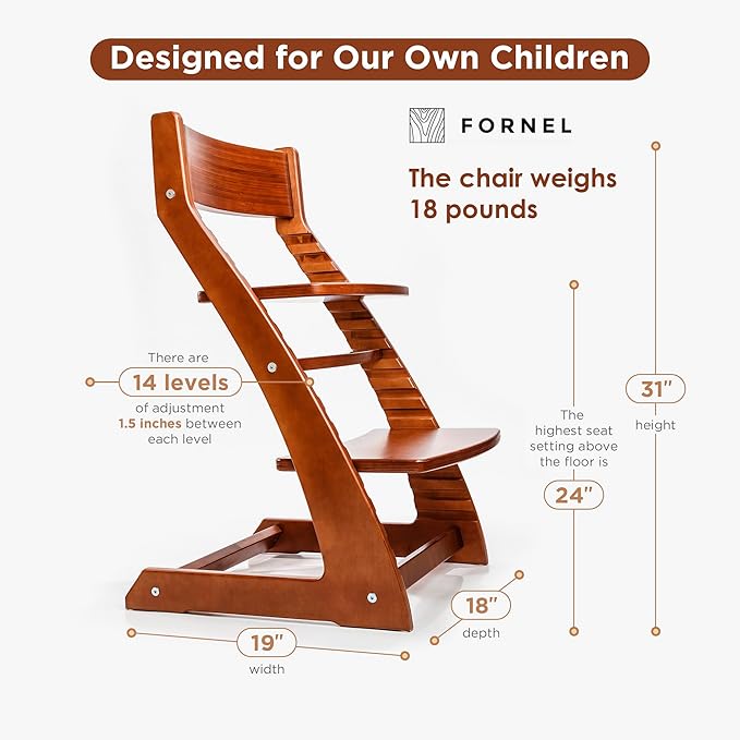 FORNEL Adjustable Wooden High Chair for Babies, Toddlers & Kids | The Grow-with-Me Chair from 6 Months to 200 lbs | Modern, Easy to Clean Dining Chair (Walnut)