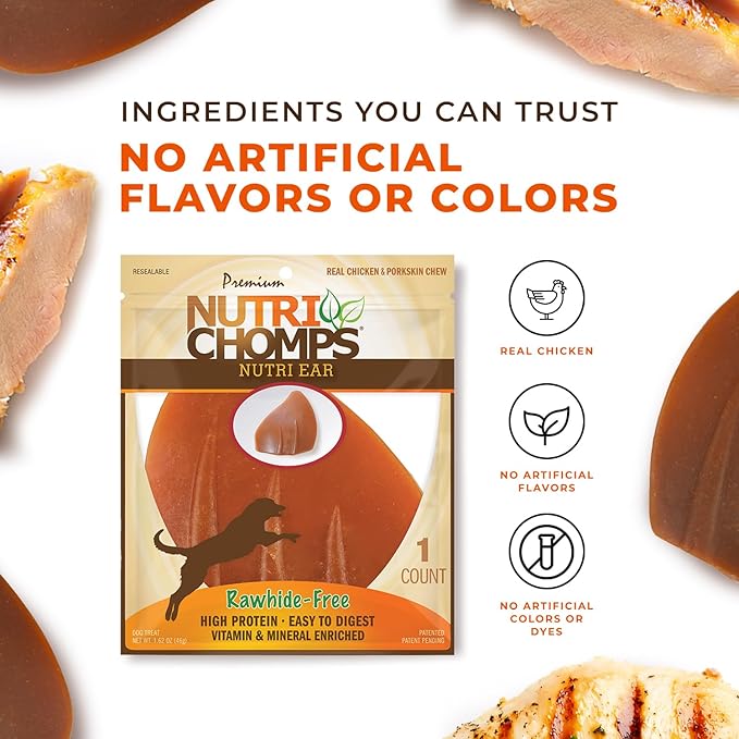 NutriChomps Dog Chews, Ear Shaped, Real Chicken Flavor, 1 Count, Easy to Digest, Rawhide Free Dog Treats, Long Lasting, Vitamin and Mineral Enriched