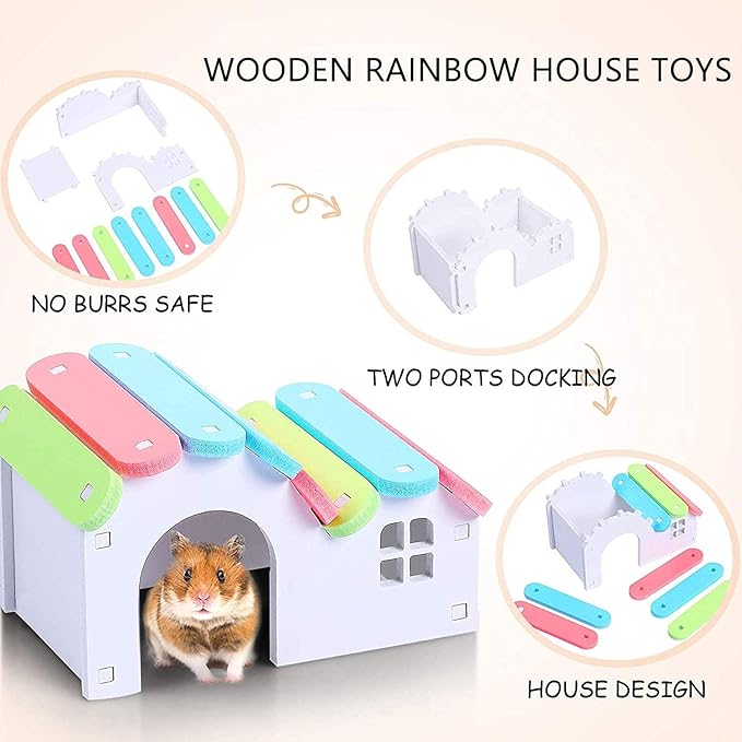 Hamiledyi Hamsters Flying Saucer Silent Mouse Wheel Small Gerbil Running Exercise Toy Kit with Rainbow House Seesaw Grass Cake Sweet Bamboo Snacks for Dwarf Mice 10 Pcs