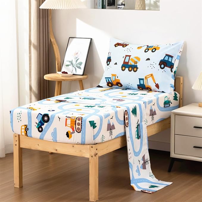 NTBED 4 Pieces Construction Truck Toddler Bedding Set for Baby Boys, Cartoon Vehicles Excavator Cars Printed, Includes Comforter, Flat Sheet, Fitted Sheet and Pillowcase,Light Blue