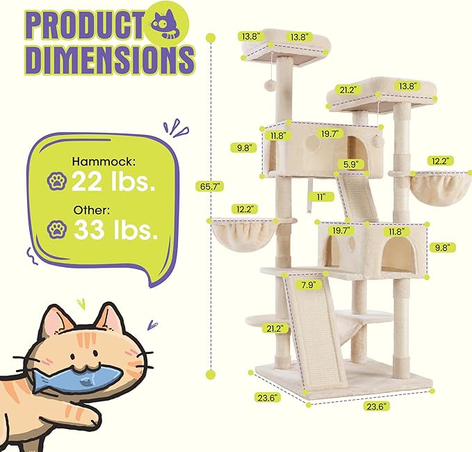 WEEWAY Cat Tree Tower for Indoor Cats,65'' Multi-Level Cat Furniture Activity Center,Stand House Condo Cave,Sisal Scratching Posts Ramps,Plush Perches Platforms Basket Hammock,Beige
