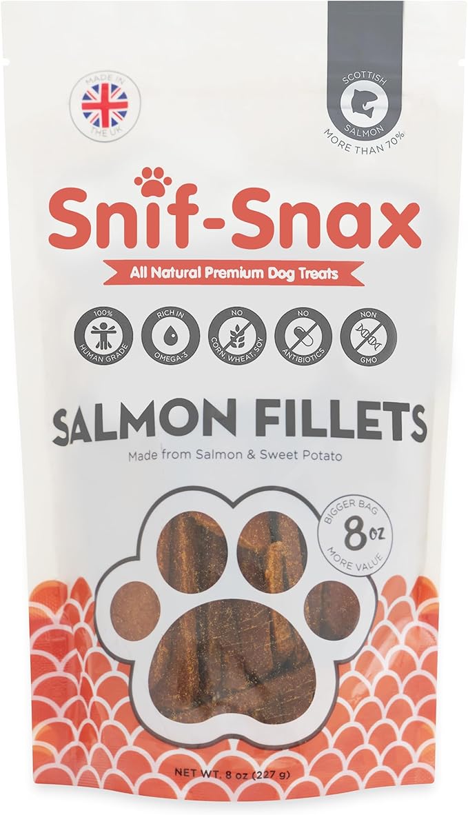 Snif-Snax Salmon Fillets Dog Treats (8oz) – All Natural Human Grade Grain Free Training & Reward – Protein Rich Salmon Sticks for Dogs, Healthy Puppy Treats, Soft Jerky-Style Strips