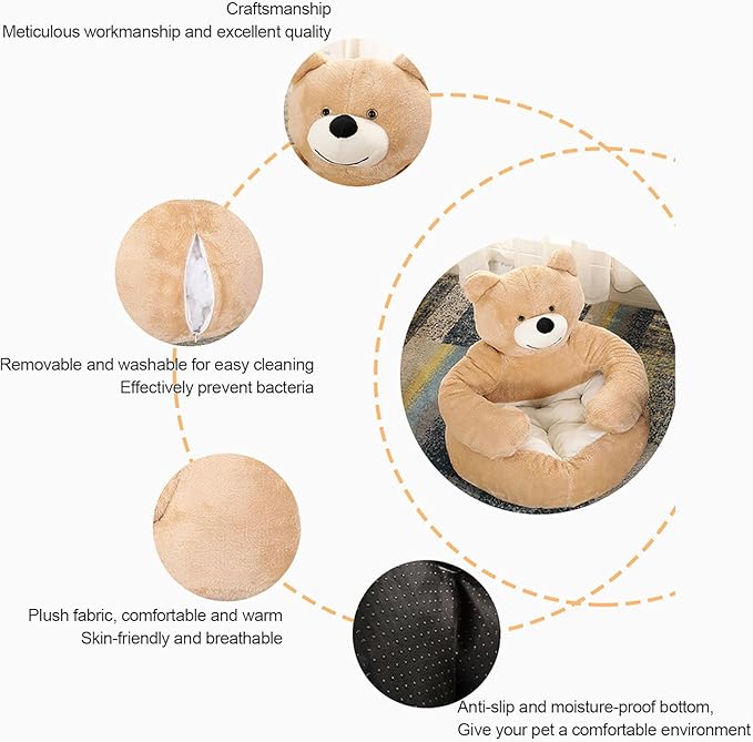 Dog Sofas & Chairs, pet Shape Sofa, Slip Resistant Dog cat Furniture, Adorable Bear Shaped Pet Sofa Bed, Washable Dog cat Couch, Plush Soft Couch for Dogs and Cats XL(bottomDiameter77cm) Khaki