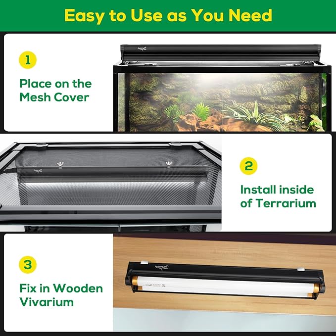 T8 UVB Reptile Light Fixture HO UVB Bulb Lighting Combo Kit, 10.0 UVB Light for Reptiles Terrarium Hood with 15W Reptile Light Bar UVA UVB Desert Lamp for Bearded Dragon Turtle Tank, 18Inch