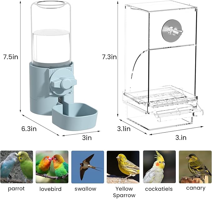 BAGHBPM No Mess Bird Feeder Water Dispenser Set,Automatic Parakeet Feeder Cage Accessories,Parrot Transparent Food Container Drinker for Cage,Canaries Budgies Lovebirds Cockatiels Finches (Blue)