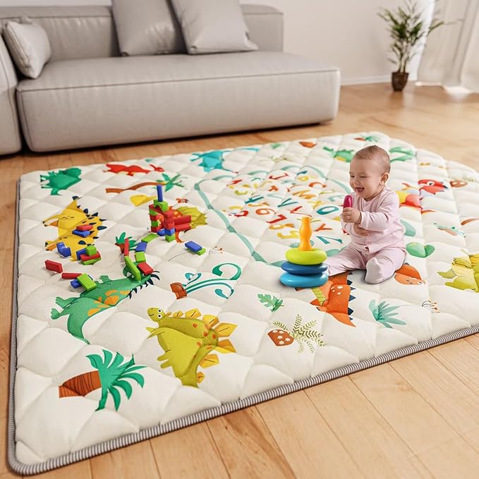 Baby Play Mat 71" X 59" Playpen Mat Upgraded Thicken Baby Floor Play Mat Non-Slip Cushioned Crawling Mat Waterproof Activity Playmats for Babies Toddlers Infants (71X59, Letter Dino)