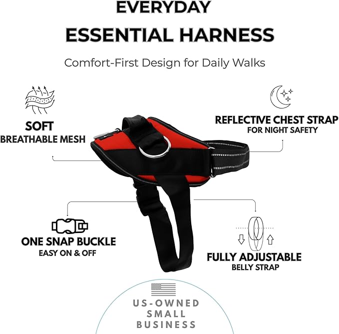 ShawnCo Essential Dog Harness, No-Pull Pet Vest with 3 Leash Clips, No Choke, Reflective, Adjustable and Padded, for Easy Walking and Training for Small, Medium and Large Dogs (Mustang Red, XS)
