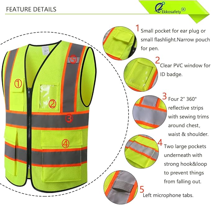 Reflective Mesh Safety Vest for Men Women with 5 Pockets and Zipper Front High Visibility Mesh Vest Hi Vis Construction Work Vest,Meets ANSI/ISEA Standards(EK175-Yellow-5XL)