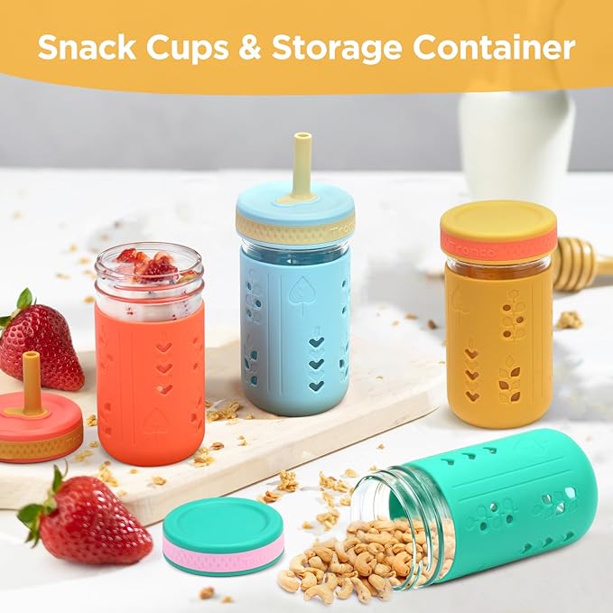 Tronco 12 oz Glass Sippy Cup for Kids & Toddlers | Mason Jar Smoothie Cups with Spill-Proof Silicone Straws, Non-Slip Silicone Sleeves & Lids, BPA-Free Snack Cups, Dishwasher Safe