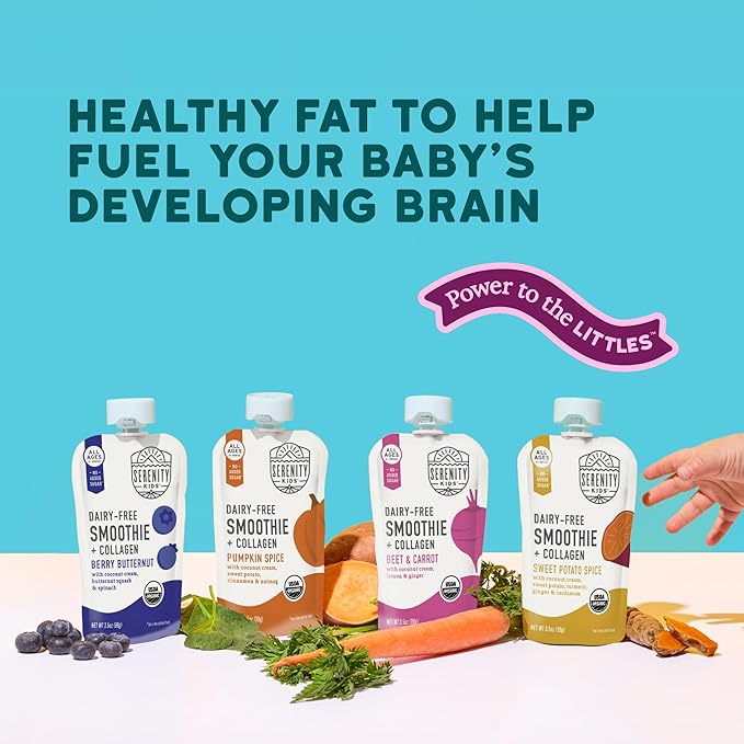 Serenity Kids 6+ Months Dairy-Free Smoothie Baby Food - USDA Organic Grass-Fed Collagen Protein - 3.5 Oz BPA-Free Pouches - Variety Pack (8 Count) - Baby Smoothie Pouch Set