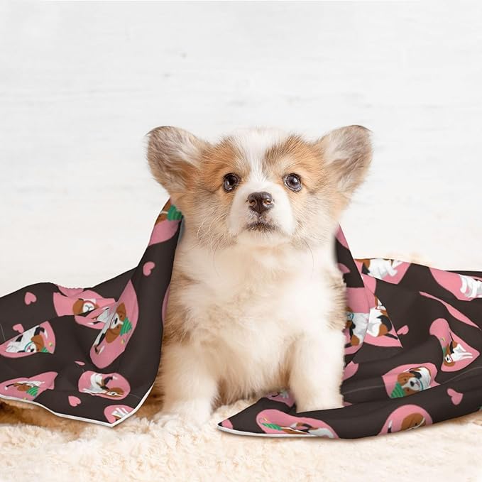 Pet Blanket for Indoor Outdoor Use, Cute Puppy with Hearts, Two Sided Reversible Plush Mat with Bumpy Dot Texture for Patios Crates Portable Bed Companion