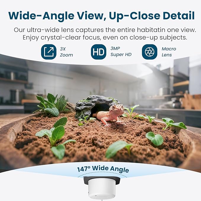 litokam Reptile & Aquarium Camera, 2K Anti-Glare Fish Tank & Terrarium Camera with Close-Focus Lens, 147° Ultra-Wide Angle, F1.0 Aperture, 3X Zoom, 24/7 Recording, 2.4G/5GHz WiFi
