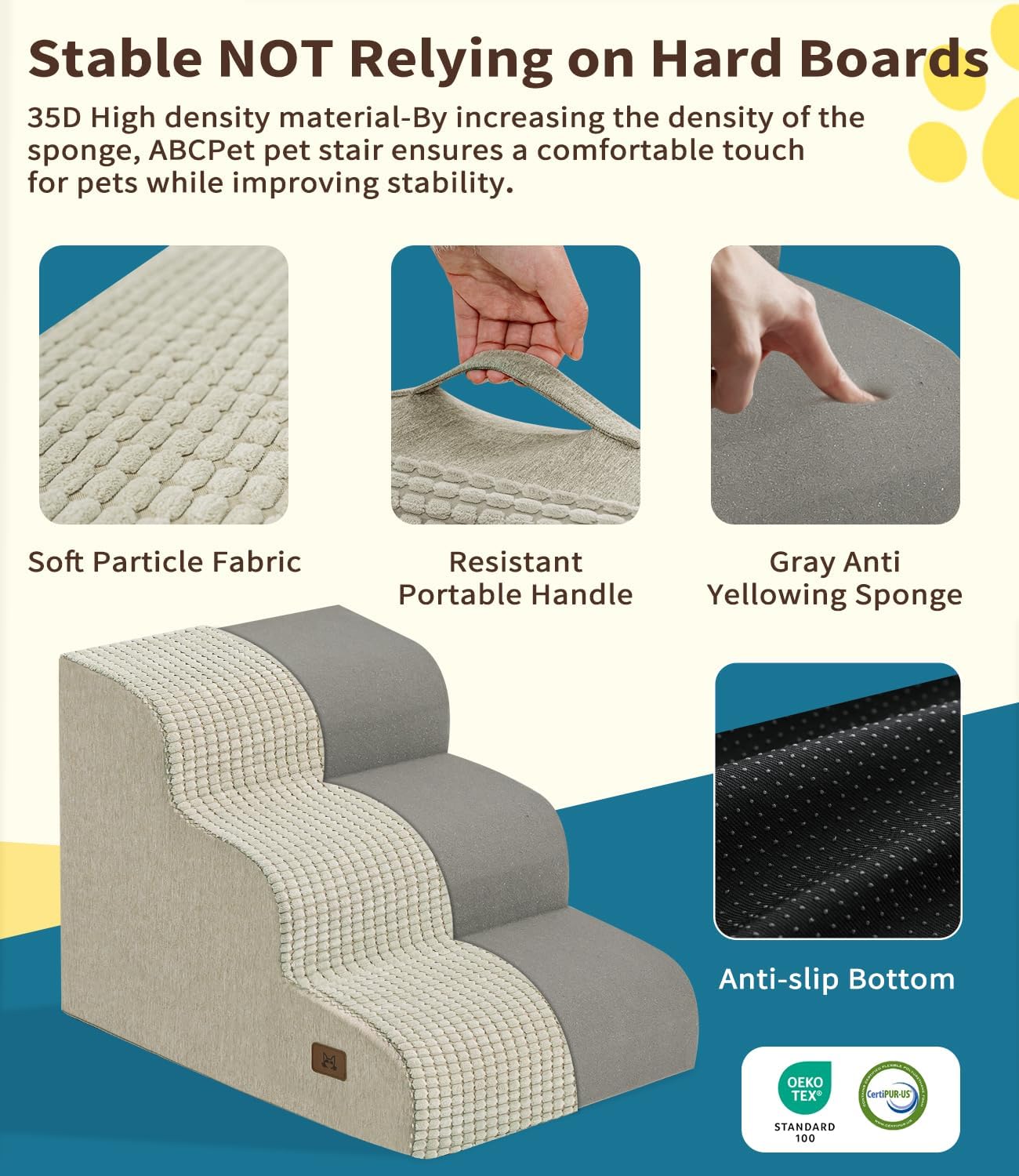 Dog Step for Bed, Dog Stair 3-Step 35D Pet Stair 15.7" H for High Bed or Sofa Non-Slip Balanced Pet Step Indoor, Beige