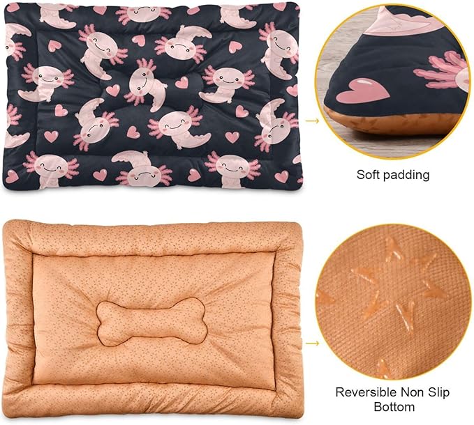 Emelivor Cute Axolotl Heart Black Dog Cat Bed Washable Crate Pet Bed Anti-Slip Comfortable Puppy Kennel Bed for Medium Large Small Dogs Cats, 24x18in