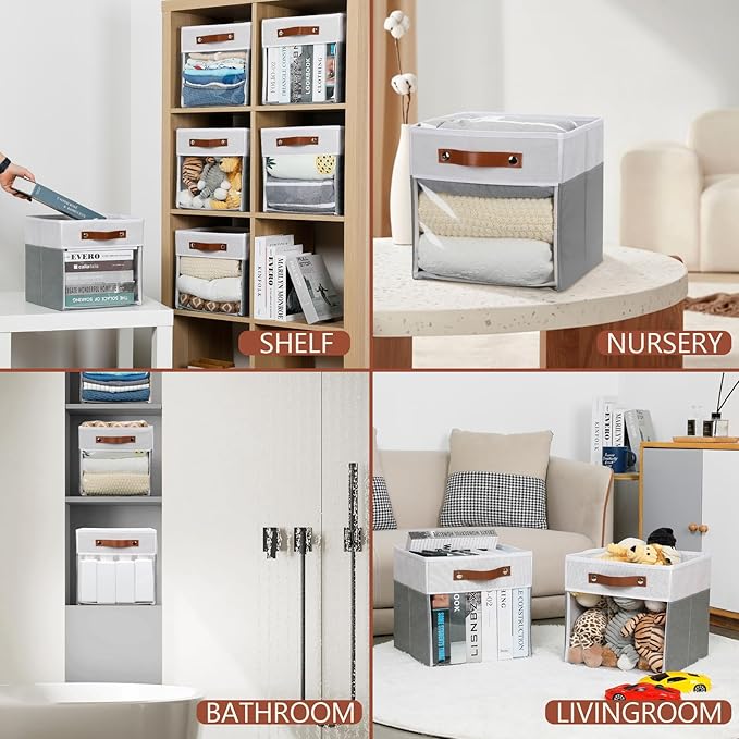 HNZIGE 11x11 Cube Storage Bins for Cube Organizer, Clear Fabric Storage Cubes for Storage Shelves, Collapsible Decorative Storage Bins for Clothes Closet Toys Cubby Storage Bin(White Gray 6 PCS