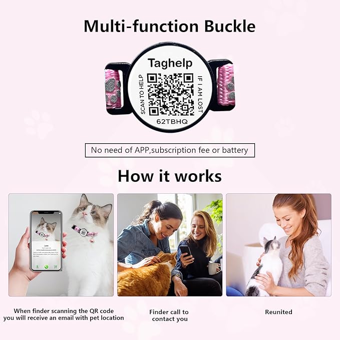 Smart QR Code Cat Collar 2-Pack: Your Cat's Digital Safety Profile, Breakaway Reflective Collar with Instant Email Alert When Scanned (Pink & Purple A)