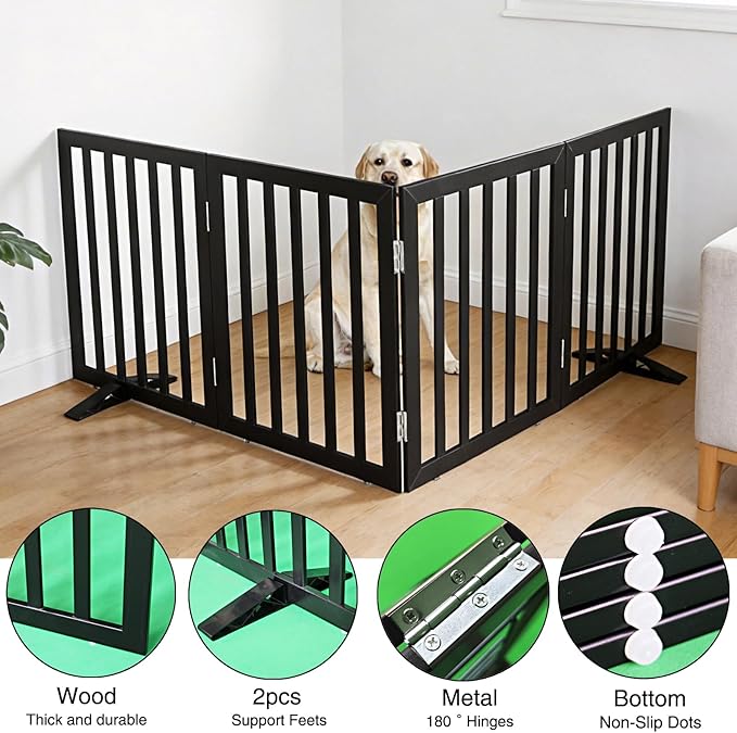 ZJSF Freestanding Indoor Dog Gate for House Foldable Wood Puppy Gate for Doorways Pet Gate for Stairs Extra Wide Pet Fence, Black, 32" Height 4 Panels