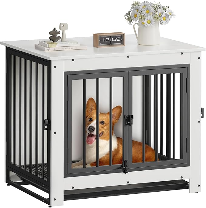 Dog Crate Furniture, 29 Inch Indoor Dog Kennel for Small Dogs Up to 30 LBS, Heavy Duty Wooden Pet Cage End Table with 3 Doors, Alloy Steel Frame & Removable Tray