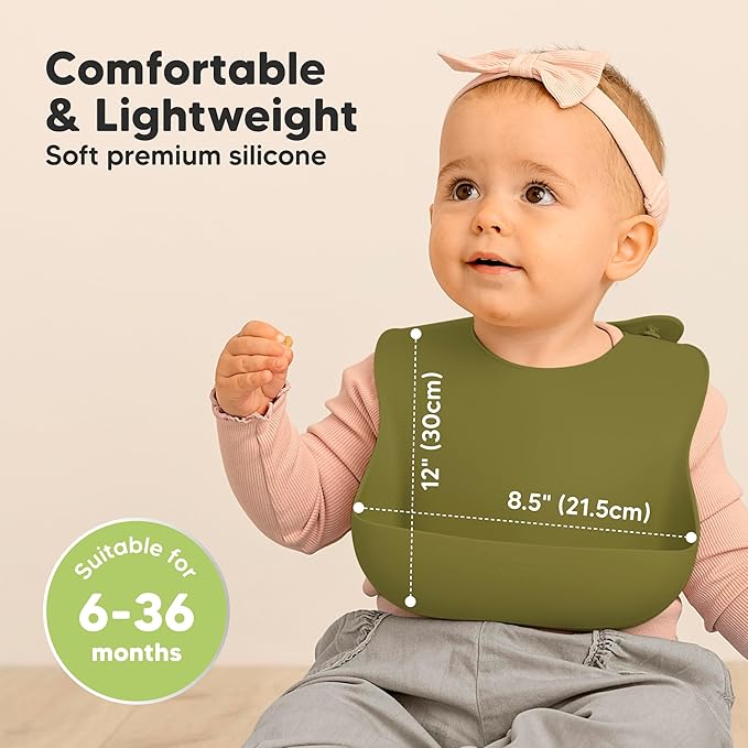 KeaBabies 2-Pack Silicone Baby Bibs for Eating - Sturdy Food-Grade Silicone Bibs for Babies Girl, Boy, Large Food Catcher, Clean & Put On Easily, Waterproof Toddler Feeding Essentials (Olives)